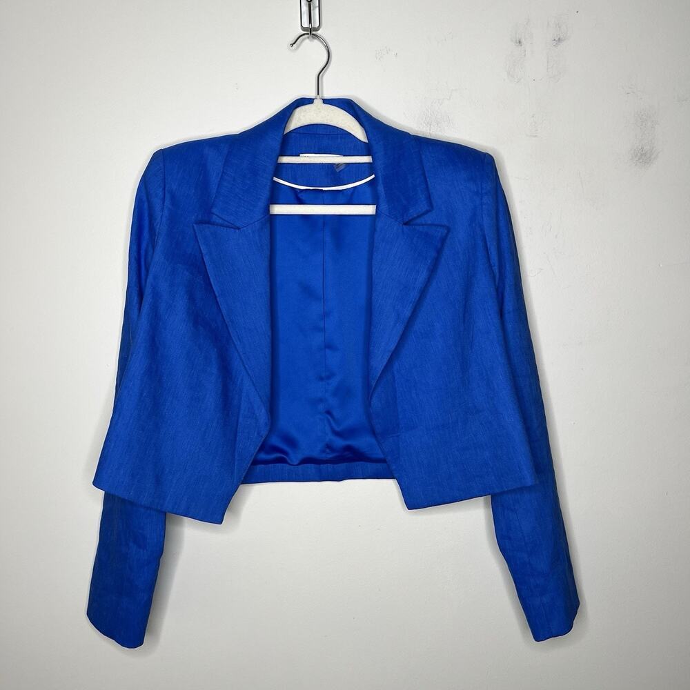 Alice And‎ Olivia Blazer Womens 4 Blue Linen Blend Open Cropped Lined Career - Picture 7 of 13